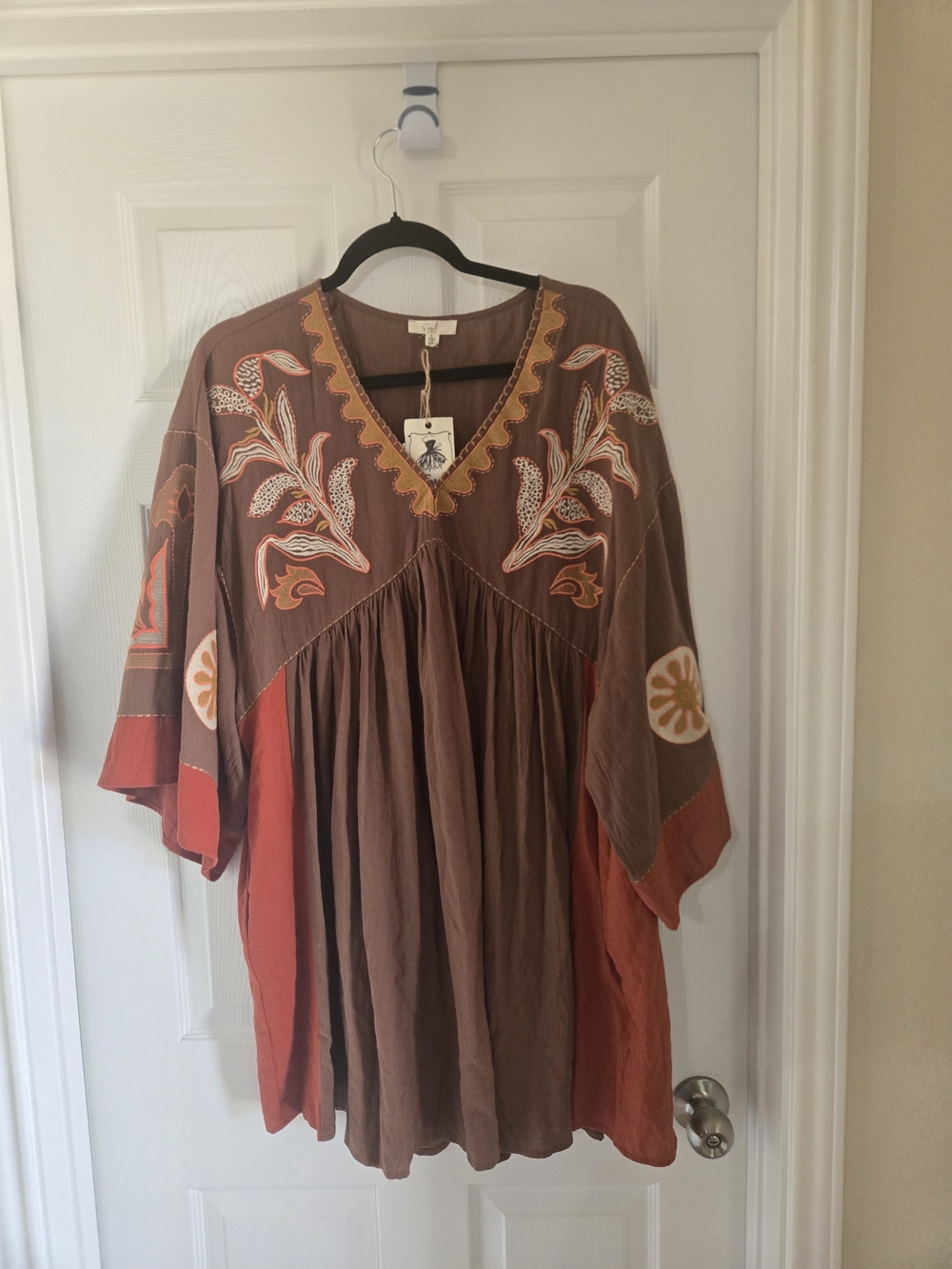easel Embroidered V-Neck Boho Midi Dress in Brown and Rust